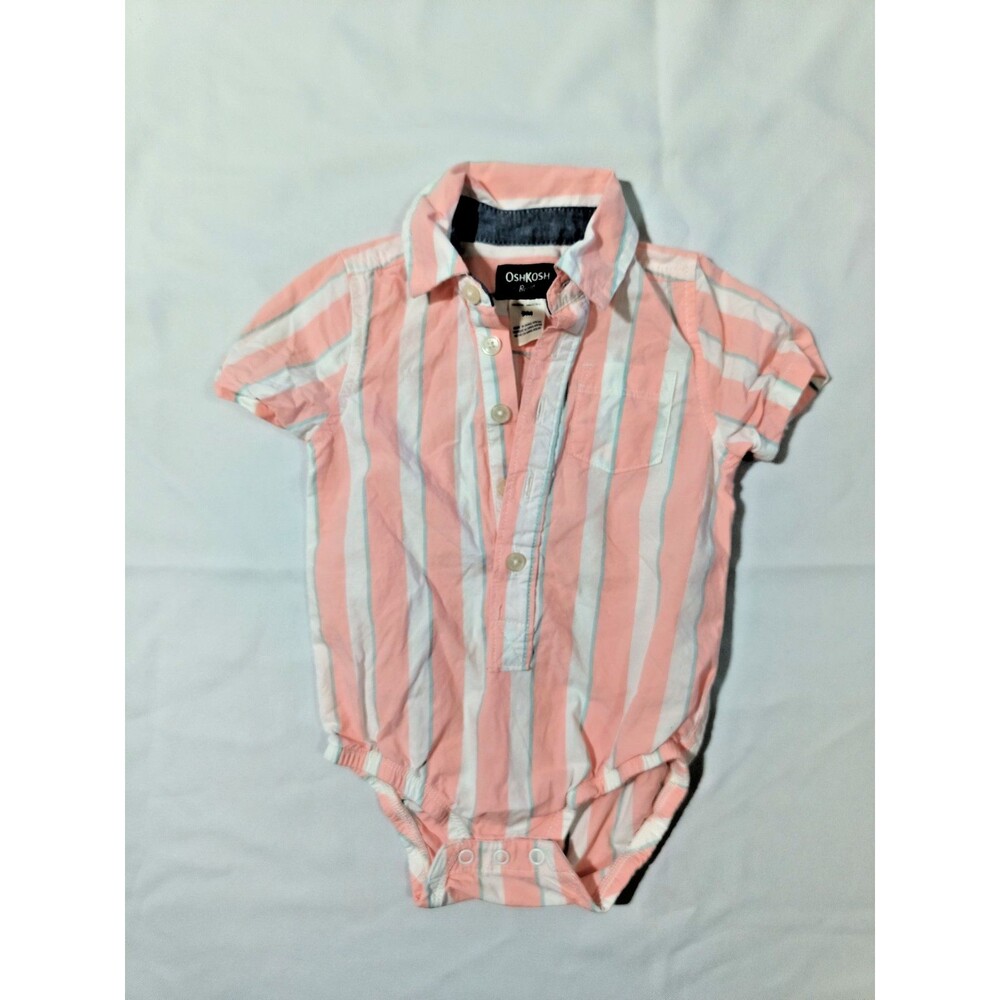 OshKosh Bgosh Baby Bodysuit 9M Coral White Stripe Button Down Shirt One Piece